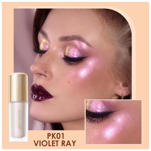 FOCALLURE Shimmer Liquid Highlighter, Smooth Cream Formula and Non-greasy Finish,Delivers a Natural Glow, Long Lasting Illuminator Highlighter Face Enhancing Makeup,Violet Ray