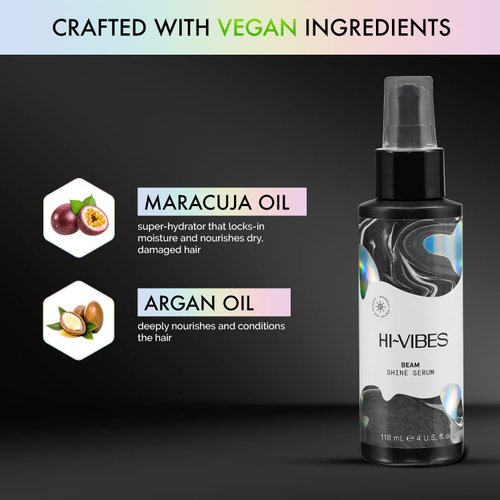 MOEHAIR Hi-Vibes Beam Shine Serum | Infused with Maracuja and Argan Oil | Controls Frizz | Vegan Hair Serum | Detangles Hair & Adds Shine | Improves Manageability | Paraben & Sulfate Free (4 Fl. Oz)