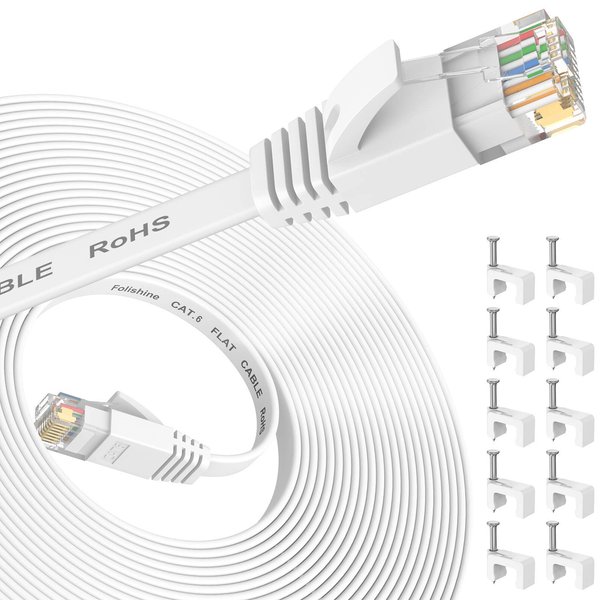 Folishine Ethernet Cable 25 ft, Cat 6e/Cat6 Ethernet Cable High Speed with Network Patch Cords, LAN Cable Clips with Rj45 Connector for Router Modem Faster Than Cat 5e/Cat 5-White