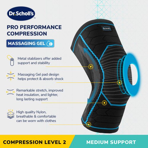 Dr. Scholl's Compression Knee Sleeve with Massaging Gel, Breathable Fabric, Shock-Absorbing Knee Compression Sleeve, Built-in Gel Padding & Support (Size S/M)