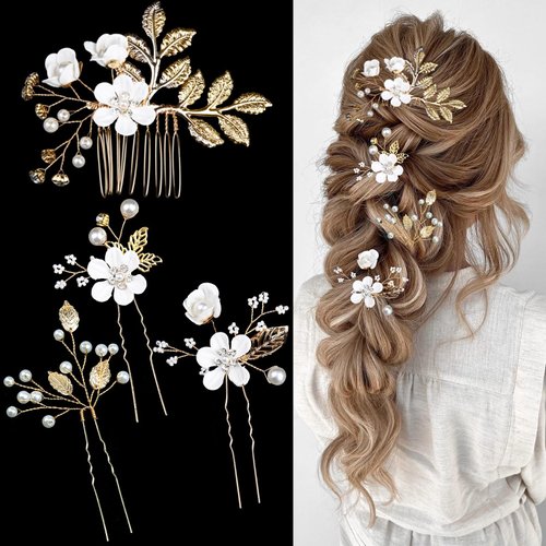 4 PCS Bridal Flower Wedding Hair Pins Crystal Pearl Hair Clips Flower Headpiece Gold Wedding Hair Accessories Jewelry with Rhinestone for Brides Bridesmaids Women Girls Updo
