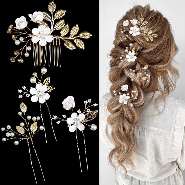 4 PCS Bridal Flower Wedding Hair Pins Crystal Pearl Hair Clips Flower Headpiece Gold Wedding Hair Accessories Jewelry with Rhinestone for Brides Bridesmaids Women Girls Updo