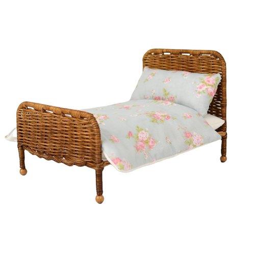 Funky Mini House 1:12 Scale Miniature Dark Brown Wicker Bed with Floral Bedding, Handmade Vintage Dollhouse Furniture BJD Ob11 Accessories, Deep Brown Rattan Bed with Pillow, Mattress, and Sheet