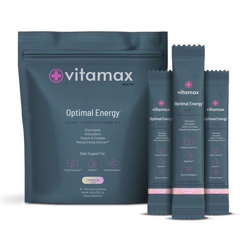 Vitamax Health Optimal Energy - Lemonade - Sugar Free Hydration Recovery Powder Stick Packs | B Vitamin Complex Electrolyte Drink Mix | Easy Open Single-Serving | Non-GMO | 30 Servings