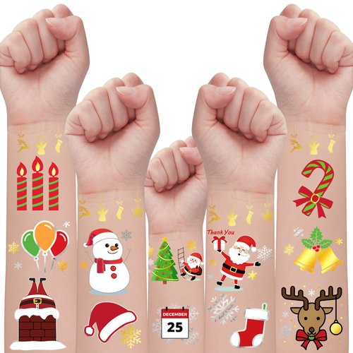 Partywind 36 Styles Metallic Glitter Christmas Party Decorations Temporary Tattoos for Kids, Christmas Birthday Party Favors Supplies, Christmas Holiday Stickers with Snowflake, Xmas Tree, Santa