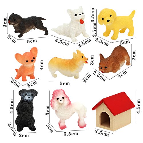 ONEST 9 Pieces Mini Dog Figurines Playset Dog House Hand Painted Tiny Dogs Realistic Detailed Plastic Puppy Figures Toys for Kids Adults