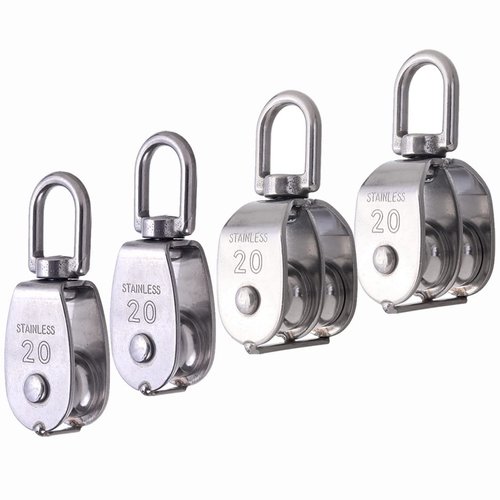 Rocaris 4 Pack M20 Pulley Block, 2 Pcs Single Pulley & 2 Pcs Double Pulley 304 Stainless Steel Wire Rope Lifting Swivel Hook