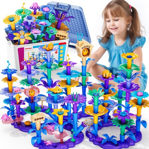 JUKUDAHU 155 PCS Flower Building Toys for Kids - STEM Stacking Toys for 3 4 5 6 7 Years Old Girls Boys, DIY Building Blocks with Storage Box, Ocean Toy, Educational Gifts Toys for Kids Age 5-8