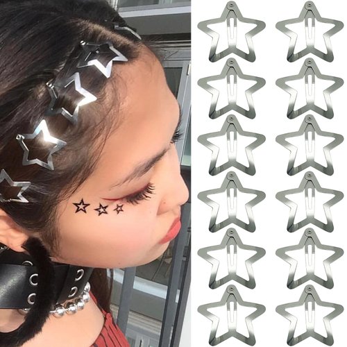 GKETN 12 PCS 1.61" Star Hair Clips Snap Hair Barrettes Non Slip Star Hair Accessories Women 2000s Y2K Silver Metal Hair Clips