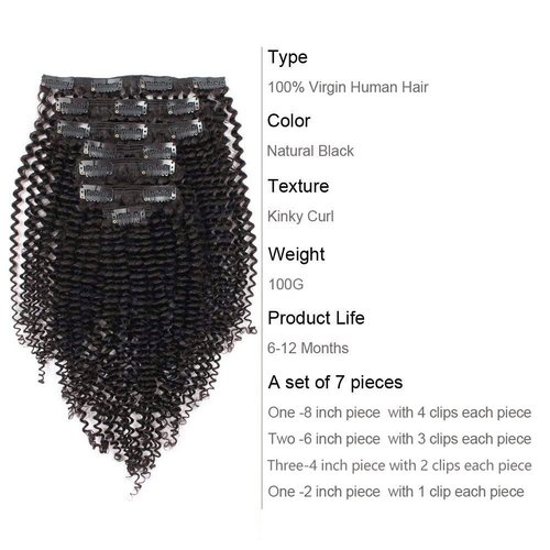 ABH AmazingBeauty Hair Virgin Remy Human Kinkys Curly Clip in Hair Extensions for Women 3C and 4A type 120 gram 20 Inch for Bantu Knotted, Twisted Out