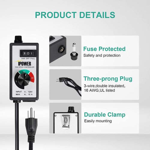 iPower Variable Inline Fan Speed Controller Electronic Blower Adjuster HVAC Controls, One Switch with 3 Settings for Hydroponics Vent Duct Exhaust, Black