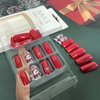 Christmas Press on Nails Cute Snowman Snowflake Design Fake Nails Glossy Red Solid Color False Nails with Glue on Nails Medium Square Artificial Nails Reusable Stick on Nail for Women Holiday Manicure