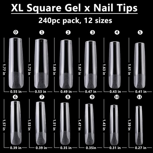 LuckForever 240pc XL Square Gel X Nail Tips Clear Fake Nails Extra Long Square Nail Tips Full Cover Artificial Fingernails XL Soft Gel False Nail Tips for Acrylic Nail Extension Press on Nail Making