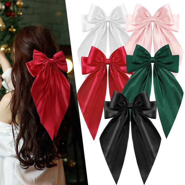 5 Pcs Satin Hair Bows, Big Hair Bows Long Tail Ribbon Hair Bow, Christmas Hair Bows Red and Green Hair Bows Christmas Hair Accessories for Women Girls