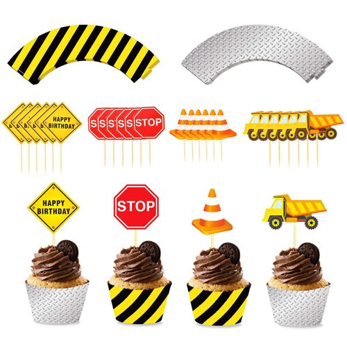 PHOGARY 24pack Construction Cupcake Toppers and Wrappers, 24-Piece Construction Zone Cupcake Baking Supplies, Kids Birthday Party Favors for Cake and Muffin Decorations
