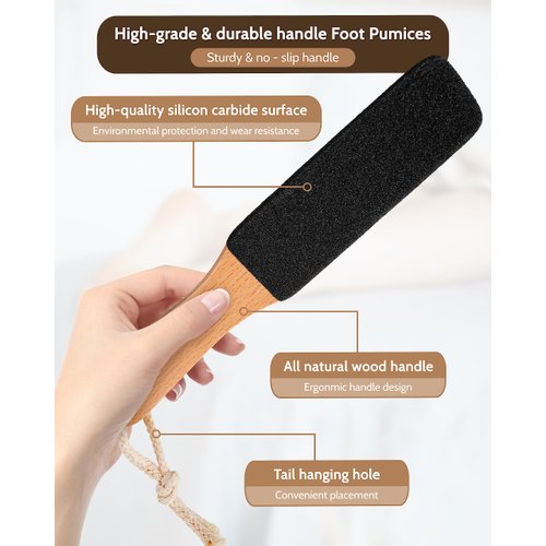 Pumice Stone Foot File, 4pcs Set Callus Remover for Feet with Wooden Handle, Pedicure Foot Scrubber to Remove Dead Skin, Dry, Rough, Corns Skin Scraper