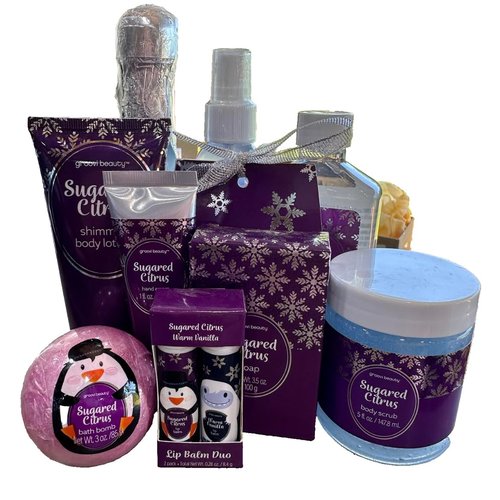 Groovy 10 Piece Bath & Body Self Care Pack in Sugared Citrus Includes Bubble Bath, Shimmer Body Mist, Shimmer Body Lotion, Shower Gel, Soap, Bath Confetti, Body Scrub, Hand Cream, Lip Balm, Bath Bomb