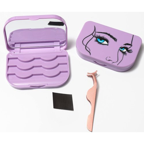 Eyelash Storage Case Organizer With Makeup Mirror Frame Box, Magnetic False Eyelashes Case False Eyelashes Packaging Travel Storage Box Eyelash Bag (Light Purple)
