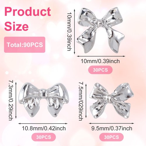 HINZIC 90Pcs Silver Bow Nail Charm 3 Styles Bowknot Nail Bows Glitter Acrylic Pearls Kawaii Valentines Wedding Prom Decoration for Women Girls Phone Case Scrapbook Envelope Cards Making