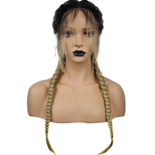 Anogol Hair Cap+ Braided Lace Front Wig with Braids Black Ombre Blonde Heat Resistant Synthetic Wigs with Baby Hair Pre-Plucked Hairline Hair Wig Braid for Women