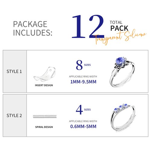 12 Sizes Invisible Ring Size Adjusters Set Guard Ring Sizer Tightener for Loose Rings,2 Styles Plug-in and Spirals Ring Size Reducer Spacer Fit for Any Rings with Jewelry Polishing Cloth