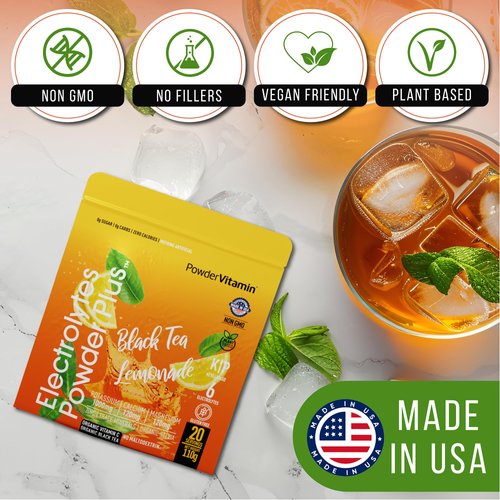 PowderVitamin Electrolytes Powder Plus (20 Servings) Black Tea Lemonade Electrolyte Powder Keto, Sugar Free, Pink Himalayan Salt,1000mg Potassium,120mg Calcium,120mg Magnesium, Hydration Powder