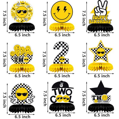 NANAGALI 9 Pcs Two Cool Honeycomb Centerpiece Two Cool Birthday Party Decorations - Happy Face 2nd Table Toppers Centerpieces Birthday Party favors for Boy