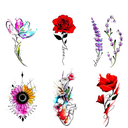 INKARTLINK 6 Design/set temporary tattoo, colorful tattoo stickers, immediate color development, lasting 1-3 days,Waterproof, simulation, cute, cartoon, female fake tattoo stickers (flower3)