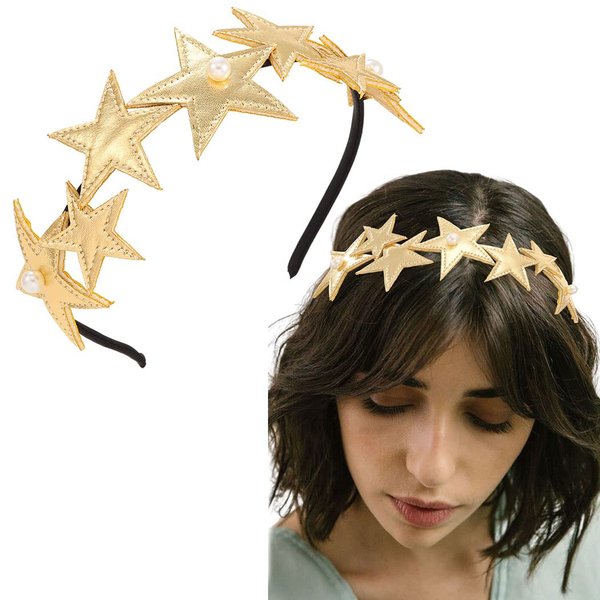 EARENT Gold Star Headband Five-pointed Stars Headpiece Hair Hoop Cute Pearl Hair Band Holiday Party Costume Hair Accessories for Women