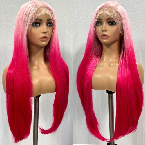 SOKU 13x6 Lace Front Wigs Pre Plucked 32 Inch Long Straight Lace Frontal Wigs with Baby Hair Ombre Pink Synthetic Wigs with Light Pink Roots Free Part Glueless HD Silky Straight Wigs for Women