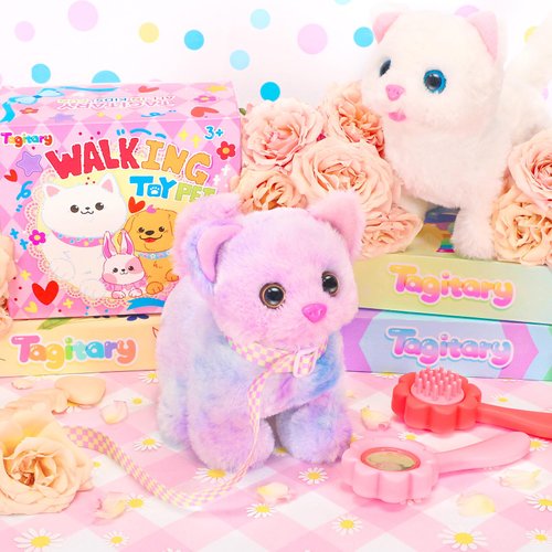 Tagitary Plush Toys Cat for Kids,Interactive Electronic Cat Toys That Can Move,Meow and Wag Tail,Stuffed Toys for Kids with Leash,Easter Christmas Birthday Gift for Toddlers Kids