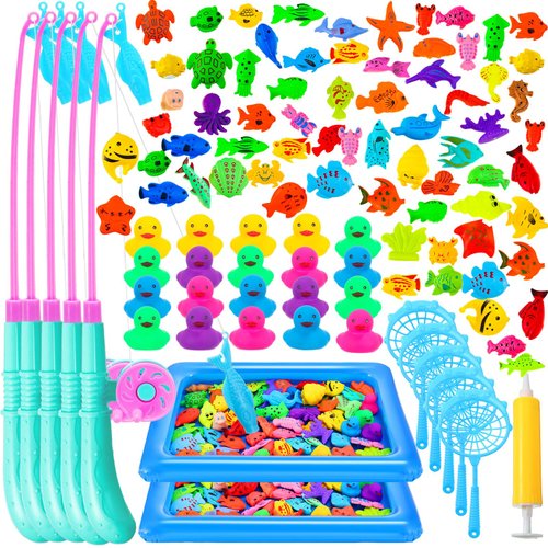 Leyndo 106 Pcs Magnetic Fishing Toys Game Set for Kids 3-6, Includes Fishing Poles, Fish Tanks, Fish Nets, Inflatable Pump, Sea Animals and Rubber Ducks for 5 Players Gifts Summer Pool Party Bath Toys