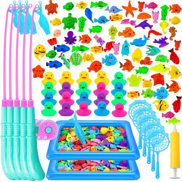 Leyndo 106 Pcs Magnetic Fishing Toys Game Set for Kids 3-6, Includes Fishing Poles, Fish Tanks, Fish Nets, Inflatable Pump, Sea Animals and Rubber Ducks for 5 Players Gifts Summer Pool Party Bath Toys