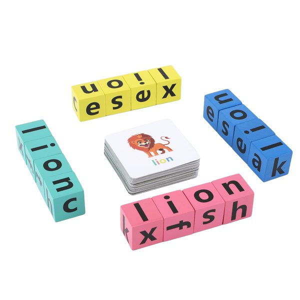 Wooden Blocks Spelling Game, Matching Letter Game Alphabet Learning Crossword Puzzle with Reading Wooden Blocks Sight Flash Cards Storage Bag Word Builder Educational Toy for Kids Age 3 4 5+