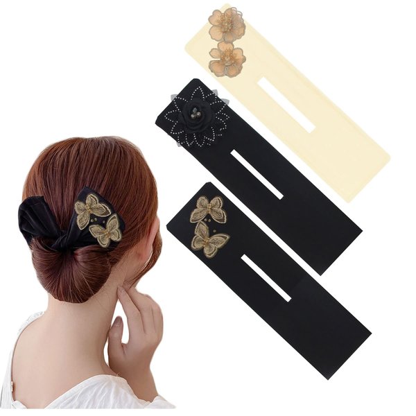3PCS Fashion Flower Butterfly Hair Bun Maker Hand Embroidered Flowers Deft Bun For Hair Twister Lazy Hair Curler Bun Maker Deft bun Make For Women Girls (3pcs style 3)