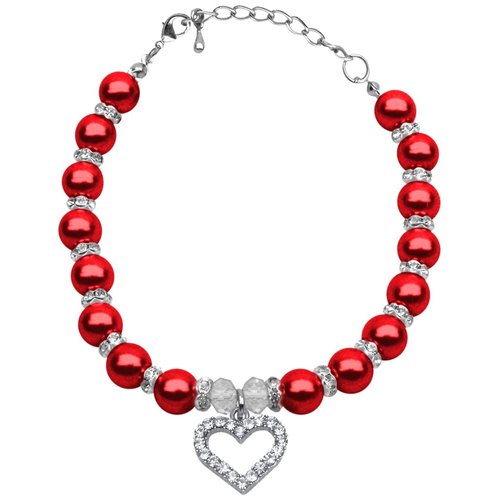 Mirage Pet Products 6 to 8-Inch Heart and Pearl Necklace, Small, Red