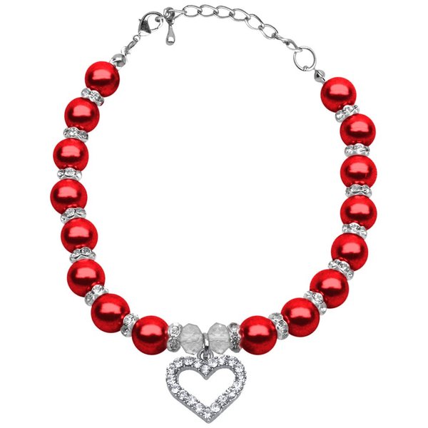Mirage Pet Products 6 to 8-Inch Heart and Pearl Necklace, Small, Red