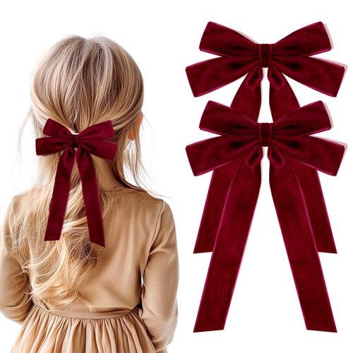 2PCS Burgundy Hair Bows Soft Velvet Bow Hair Clip with Long Tail Hair Accessories for Women Girls Toddlers Teen Girl Christmas Gifts Cute Trendy Stuff