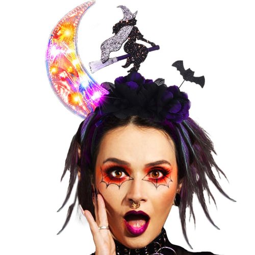Fashey Halloween Light Up Headband LED Lighting Moon Headbands Black Rose Hairband Festival Witch Costume Hair Accessories for Women and Girls