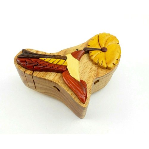 Hummingbird & Flower - All Natural Wood Intarsia Puzzle Box - Handcrafted with Secret Compartment