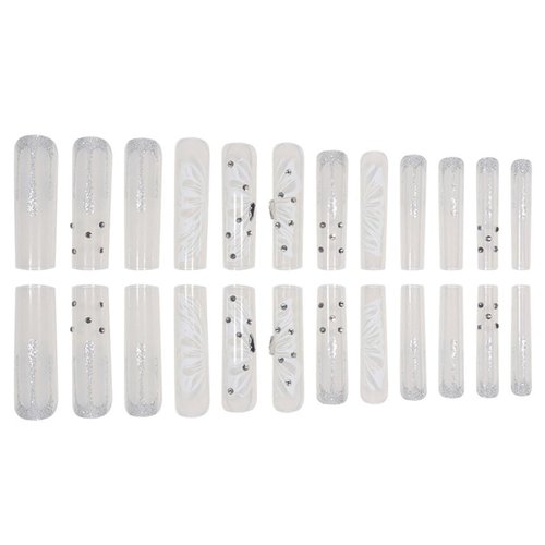 Foccna Press on Nails Super Long Rhinestone White Fake Nails Square Bling Glossy Butterfly False Nail Tips Artificial Nails Finger Manicure for Women and Girls-24pcs