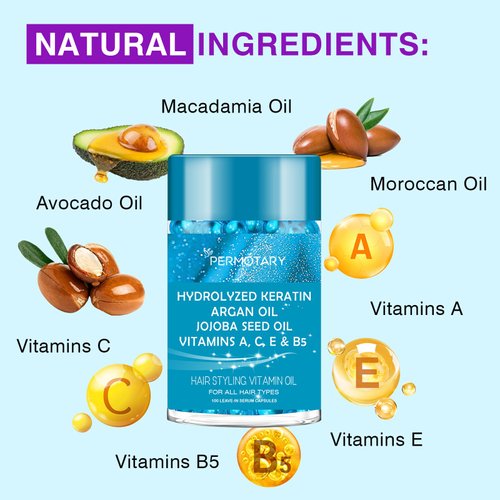 100 Capsules Hair Styling Serum with Keratin, Hair Treatment Oil for Frizzy Hair, Hair Serum with Vitamins A, C, E & B5, Argan Avocado Oil for All Hair Types, Leave-in Conditioner for Women & Men