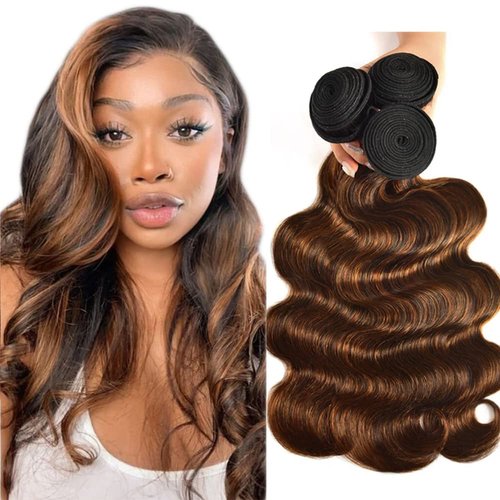 Highlight Bundle P4/30 Body Wave Hair Bundles Dark Brown Tow Tone Human Hair Bundle Hair Weave Hair Extensions Grade 8A Real Unprocessed Virgin Hair 3 Bundles Piano Color 14 16 18 Inch