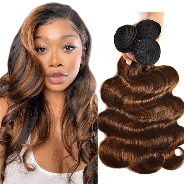 Highlight Bundle P4/30 Body Wave Hair Bundles Dark Brown Tow Tone Human Hair Bundle Hair Weave Hair Extensions Grade 8A Real Unprocessed Virgin Hair 3 Bundles Piano Color 14 16 18 Inch