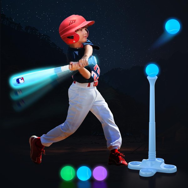 Leshein T Ball Set, Light Up LED Baseball Toys for Kids Toddlers 3-10, Glow in The Dark Tee Ball Set, Rechargeable Portable Toddler Outdoor Toys for Barkyard Camping, Gifts for Boys Girls (Blue)