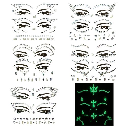 13 Sets Face Gems Stick On Eye Gems Rave Temporary Tattoos Stickers Noctilucent Face Jewels Acrylic Crystal Face Rhinestones for Birthday,Parties,Carnival,Halloween, Christmas
