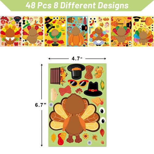 48 Pcs Turkey Stickers Make Your Own Turkey Sticker Sheets Thanksgiving Stickers for Kids Home Classroom Party Favor Art Craft School Rewards