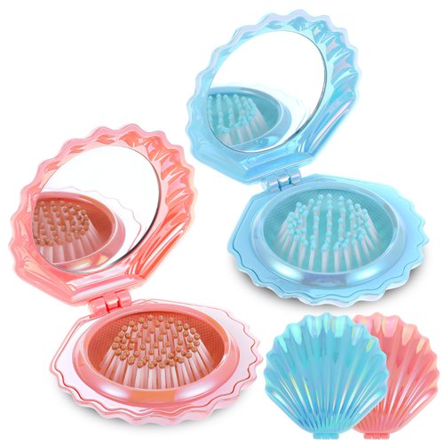 2Pcs Foldable Travel Mirror Hair Brushes Shell Shape Pocket Hair Brush with Mirror Mini Hair Brush for Purse Portable Cute Hair Massage Comb for Women (Blue, Pink)