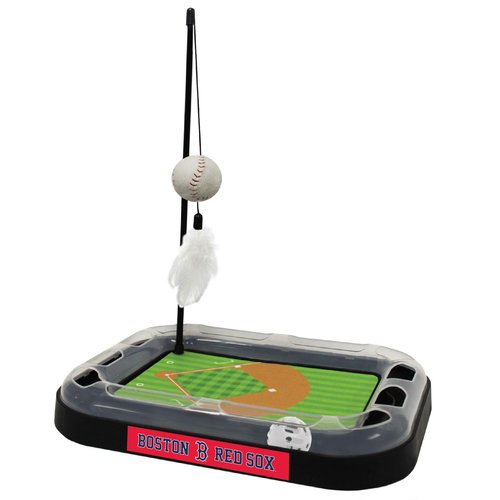 Pets First Cat Scratching Toy MLB Boston RED SOX Baseball Field Cat Scratcher Toy with Interactive Cat Ball Bell in Tracks. 5-in-1 CAT Toy: Cat Wand Poll with Catnip Filled Plush Baseball & Feathers.