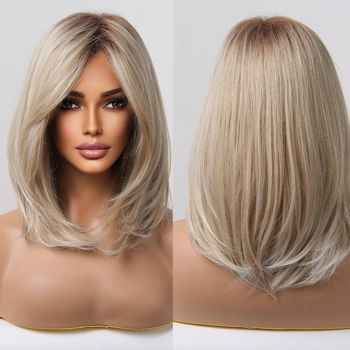 testar Blonde Wigs for White Women Short Blonde Bob Layered Wig with Curtain Bangs Medium Bob Wigs with Dark Roots Side Part Wigs Heat Resistant Synthetic Wig for Daily Party Use(pelucas de mujer)